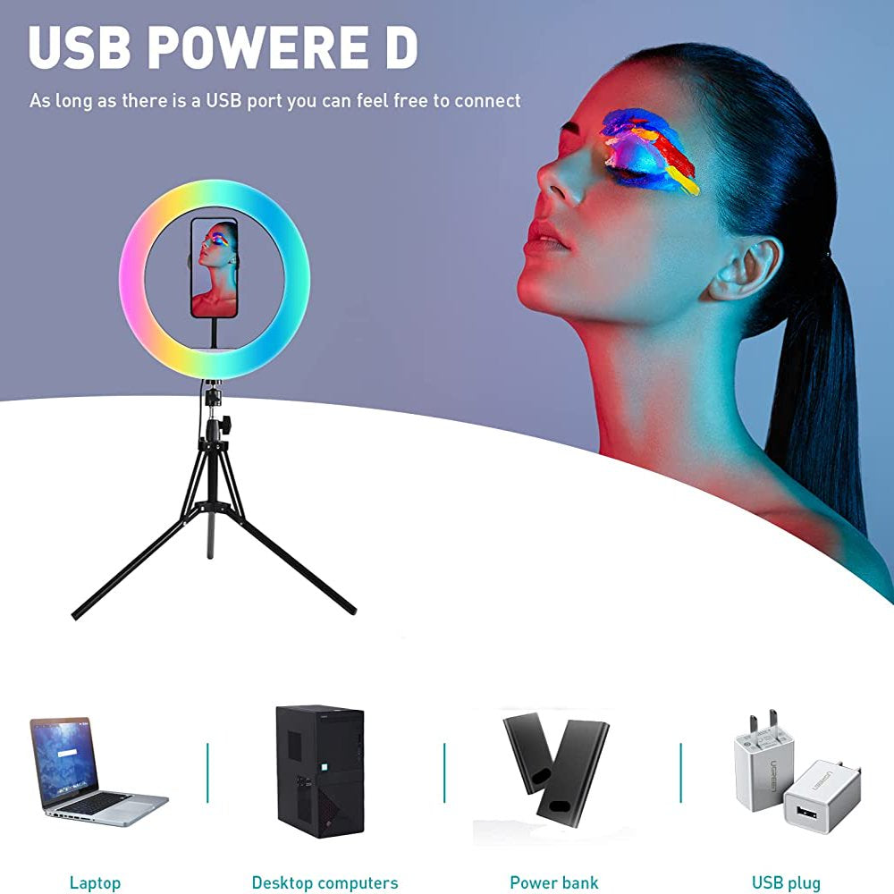 13" LED RGB Selfie Ring Light W/ Mini & Extendable Tripod Stand & Phone Holder 10 Brightness Level 26 Light Modes Dimmable Ringlight for Beauty Makeup Live Streaming Youtube Video Photography Shooting