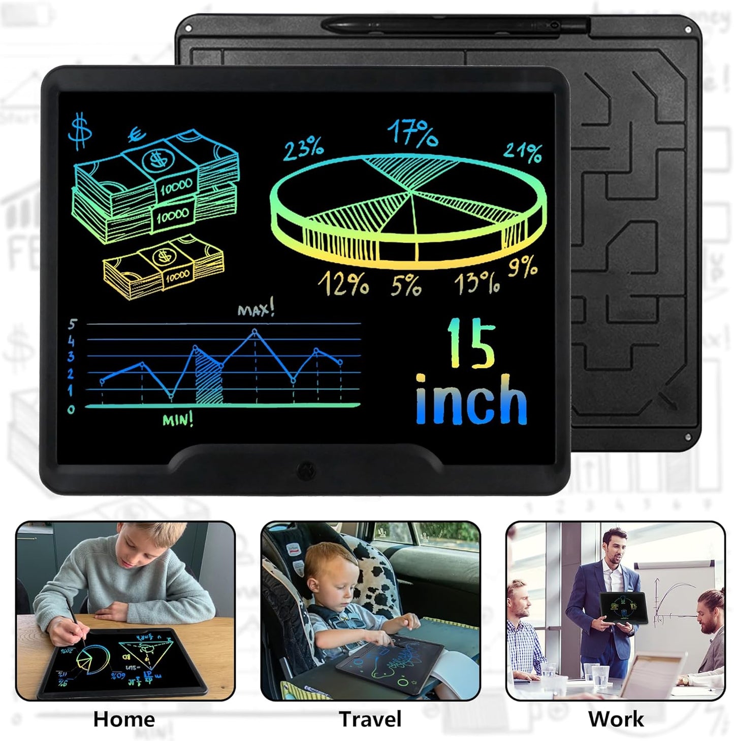 LCD Writing Tablet 15 Inch, Erasable Drawing Board Doodle Board Kids Writing Board Electronic Drawing Pads Drawing Tablet for Kids Adults Home School Office, Black